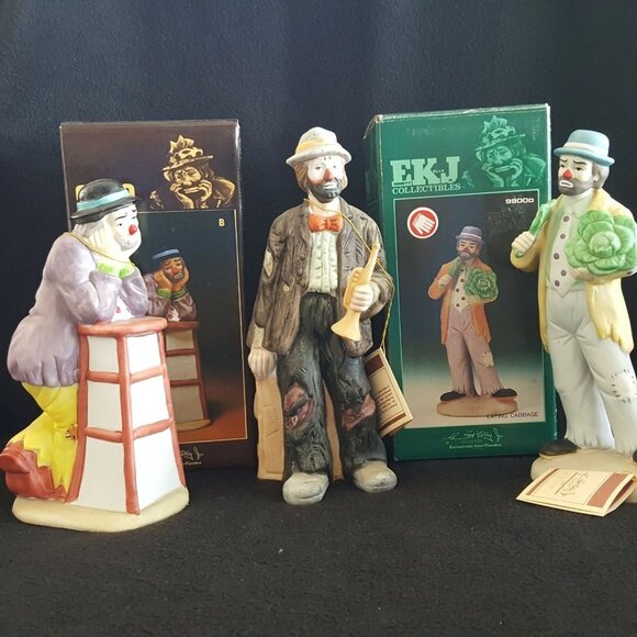 Emmett Kelly Circus Clown Figurine Hobo Cabbage Stool Horn Trunk Lot 3 - Picture 1 of 11